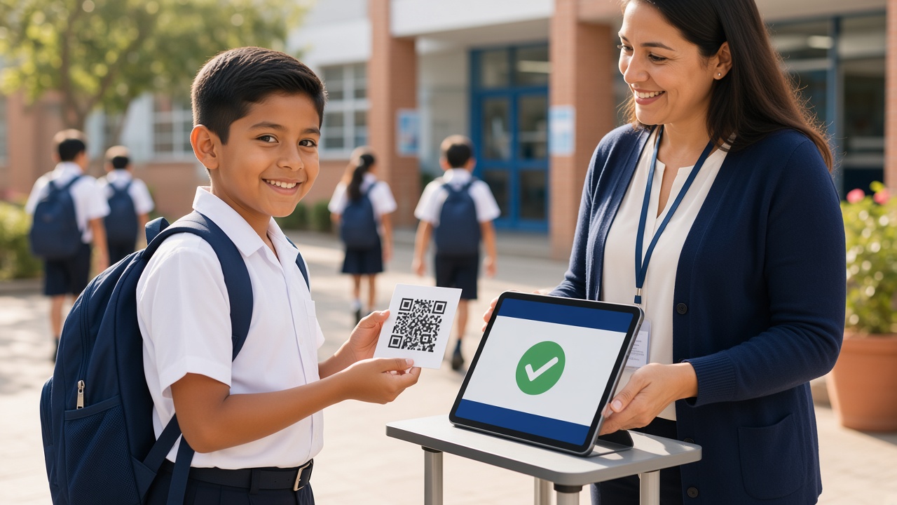 Estudiante registrando su ingreso al colegio con un código QR