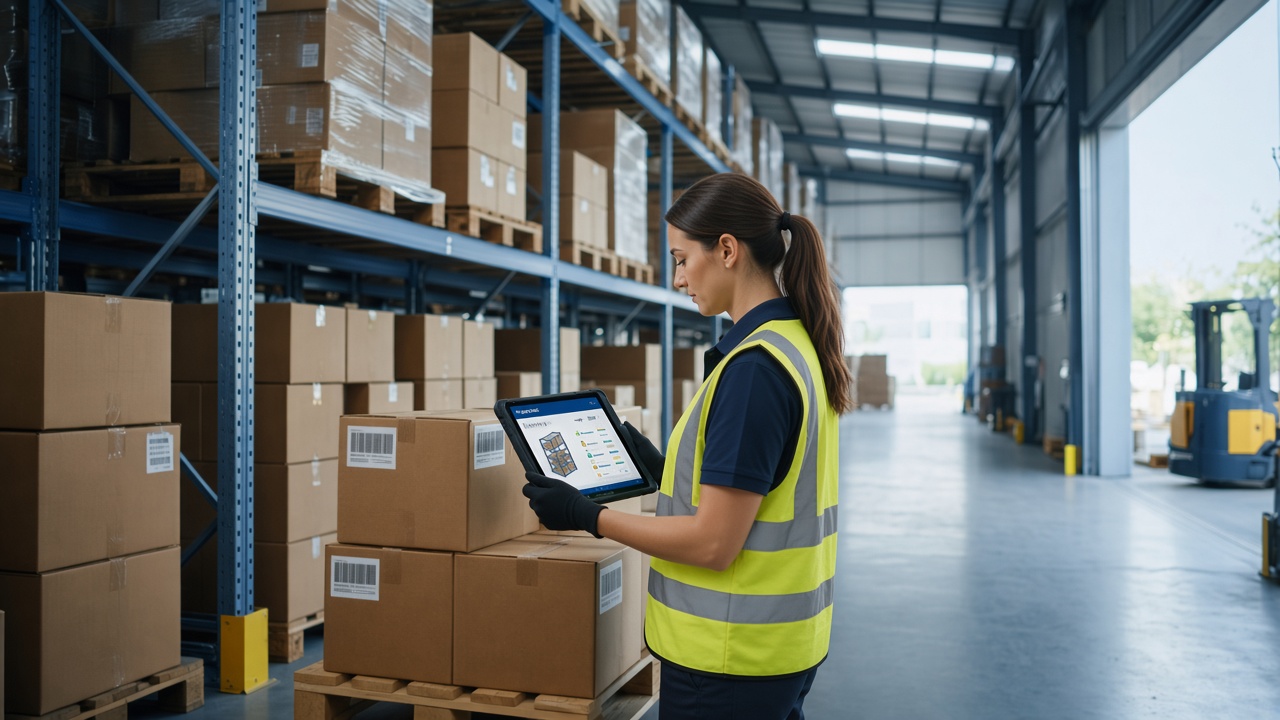 Operaria revisando ubicaciones de inventario en una tablet dentro del almacén