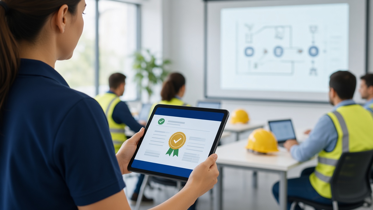 Instructora mostrando un certificado digital en una sesión de capacitación